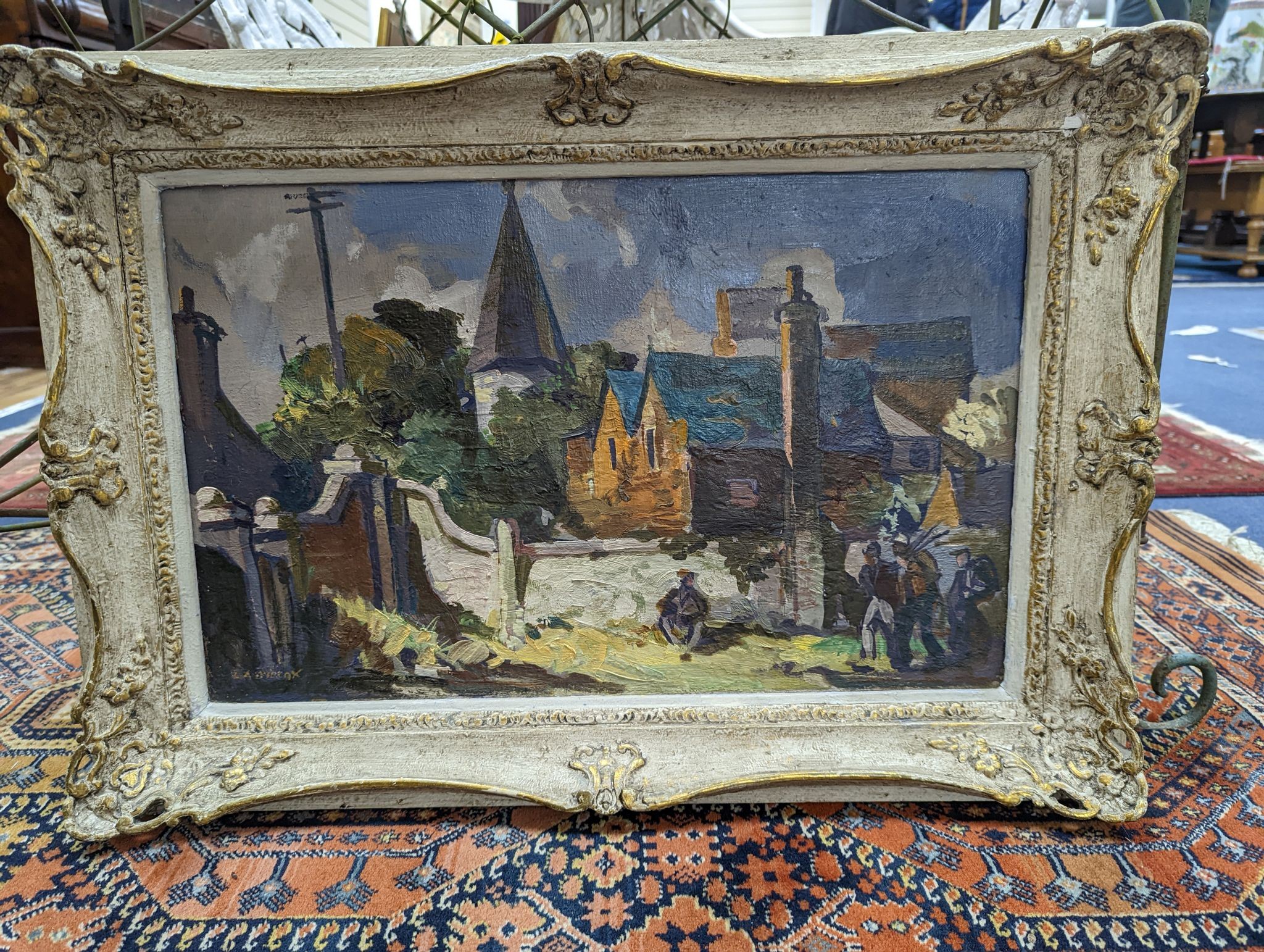 Lesley Arthur Wilcox (1904-1982), oil on canvas, Village scene with figures beside a wall, signed, 34 x 54cm
